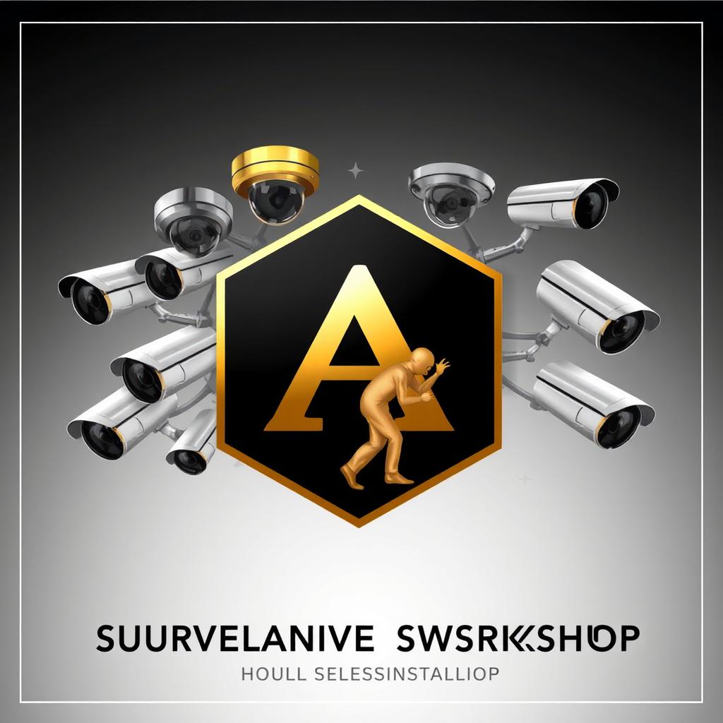 An advertising card for a surveillance systems installation workshop featuring a prominent logo with the letter 'A' in the center