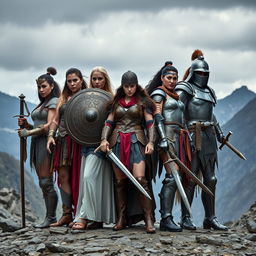 A fierce group of warrior women standing together in a battle-ready stance