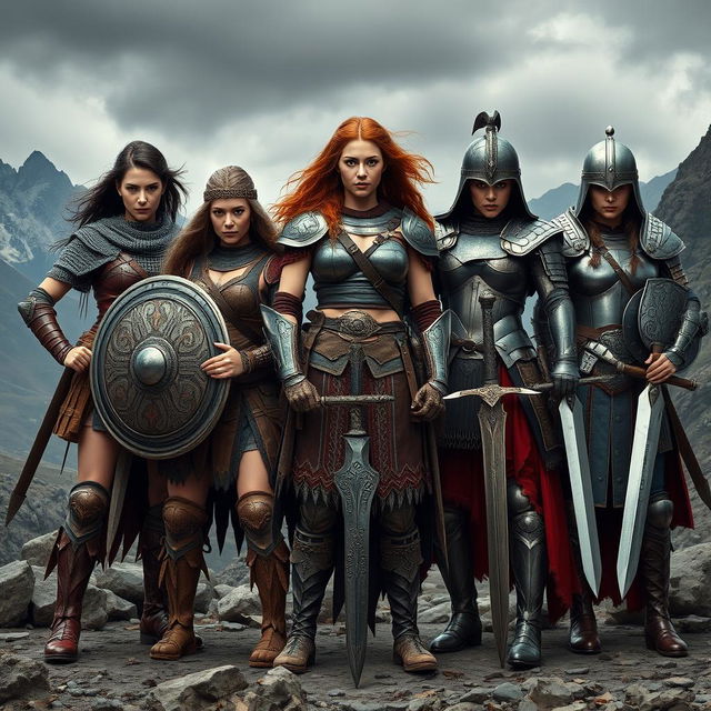 A fierce group of warrior women standing together in a battle-ready stance