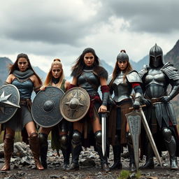 A fierce group of warrior women standing together in a battle-ready stance