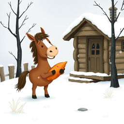 In a whimsical winter scene, a small brown horse is joyfully standing in the snowy landscape outside a charming wooden cabin