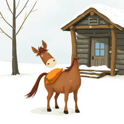 In a whimsical winter scene, a small brown horse is joyfully standing in the snowy landscape outside a charming wooden cabin