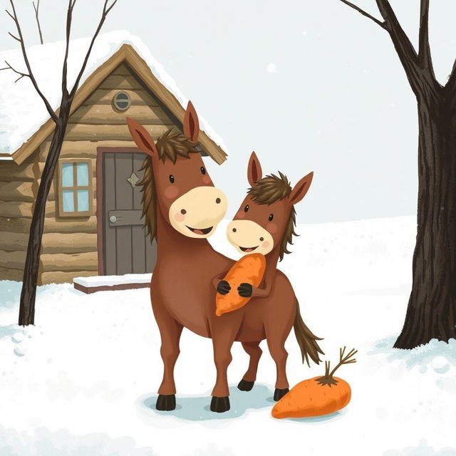 In a whimsical winter scene, a small brown horse is joyfully standing in the snowy landscape outside a charming wooden cabin