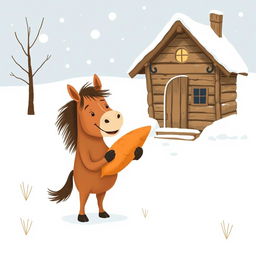 In a whimsical winter scene, a small brown horse is joyfully standing in the snowy landscape outside a charming wooden cabin