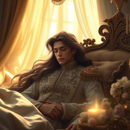 A dreamy scene featuring a sleeping prince, with flowing long hair, adorned in an elegant royal outfit with intricate embroidery