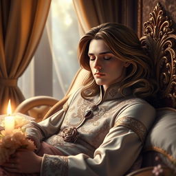A dreamy scene featuring a sleeping prince, with flowing long hair, adorned in an elegant royal outfit with intricate embroidery