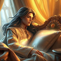 A dreamy scene featuring a sleeping prince, with flowing long hair, adorned in an elegant royal outfit with intricate embroidery