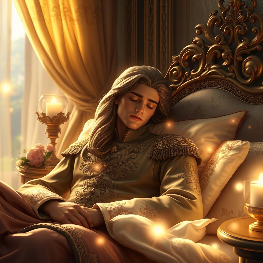 A dreamy scene featuring a sleeping prince, with flowing long hair, adorned in an elegant royal outfit with intricate embroidery