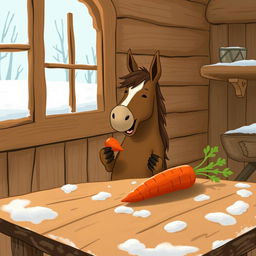 Inside a cozy wooden cabin during winter, a small brown horse is joyfully holding a sweet potato in its arms
