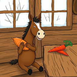 Inside a cozy wooden cabin during winter, a small brown horse is joyfully holding a sweet potato in its arms