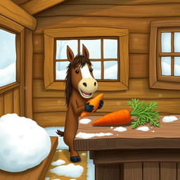 Inside a cozy wooden cabin during winter, a small brown horse is joyfully holding a sweet potato in its arms