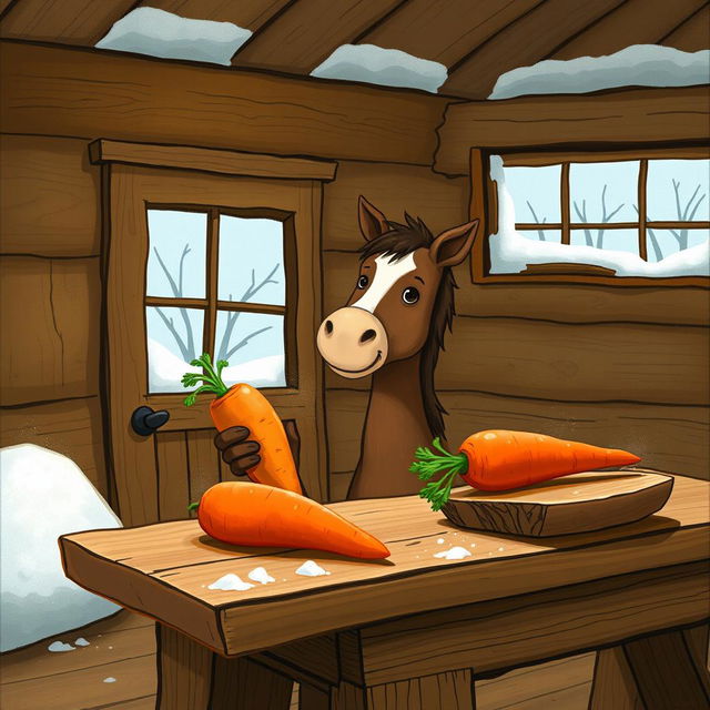 Inside a cozy wooden cabin during winter, a small brown horse is joyfully holding a sweet potato in its arms