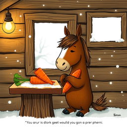 Inside a warm wooden cabin during winter, a small brown horse is adorably hugging a sweet potato in its arms