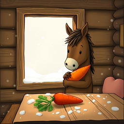 Inside a warm wooden cabin during winter, a small brown horse is adorably hugging a sweet potato in its arms