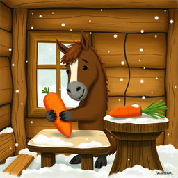 Inside a warm wooden cabin during winter, a small brown horse is adorably hugging a sweet potato in its arms