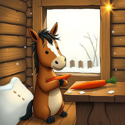 Inside a warm wooden cabin during winter, a small brown horse is adorably hugging a sweet potato in its arms