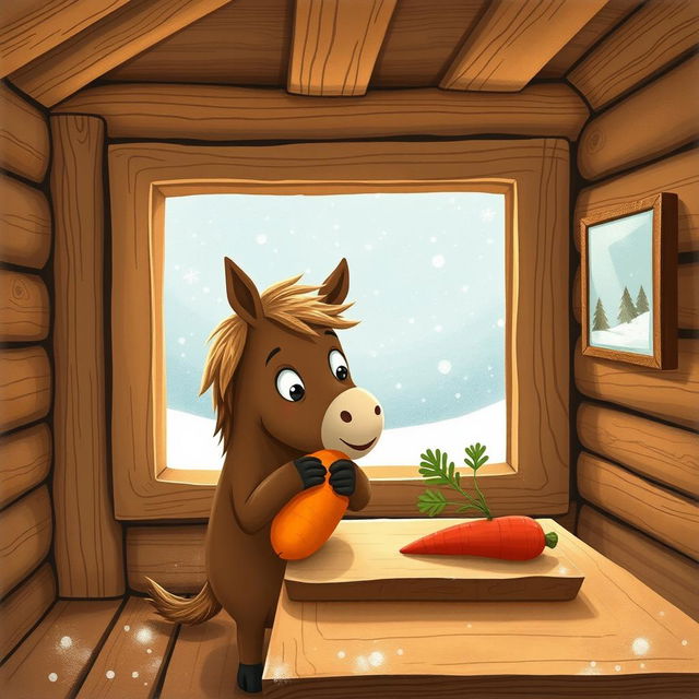 Inside a cozy wooden cabin during winter, a small brown horse is adorably hugging a sweet potato, its eyes filled with curiosity as it spots a bright red carrot sitting on a rustic wooden table