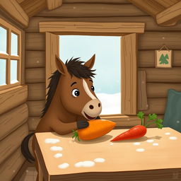 Inside a cozy wooden cabin during winter, a small brown horse is adorably hugging a sweet potato, its eyes filled with curiosity as it spots a bright red carrot sitting on a rustic wooden table