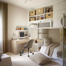 A cozy and budget-friendly study cum bedroom designed for a teen. The room features a compact study desk, comfortable bed, inexpensive but stylish decor, and efficient storage solutions.