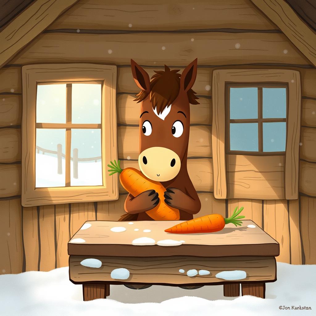 Inside a cozy wooden cabin during winter, a small brown horse is adorably hugging a sweet potato, its eyes filled with curiosity as it spots a bright red carrot sitting on a rustic wooden table