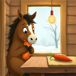 Inside a cozy wooden cabin during winter, a small brown horse is adorably hugging a sweet potato, its eyes filled with curiosity as it spots a bright red carrot sitting on a rustic wooden table