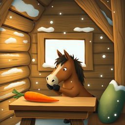 Inside a snug wooden cabin during a snowy winter day, a small brown horse is cutely hugging a sweet potato