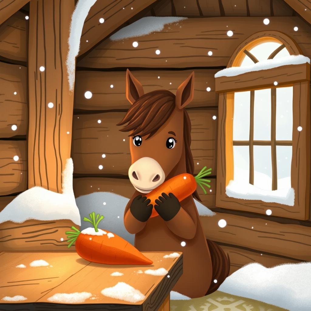 Inside a snug wooden cabin during a snowy winter day, a small brown horse is cutely hugging a sweet potato