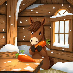 Inside a snug wooden cabin during a snowy winter day, a small brown horse is cutely hugging a sweet potato