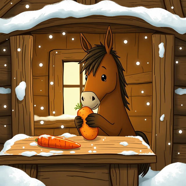 Inside a snug wooden cabin during a snowy winter day, a small brown horse is cutely hugging a sweet potato