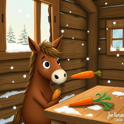 Inside a snug wooden cabin during a snowy winter day, a small brown horse is cutely hugging a sweet potato