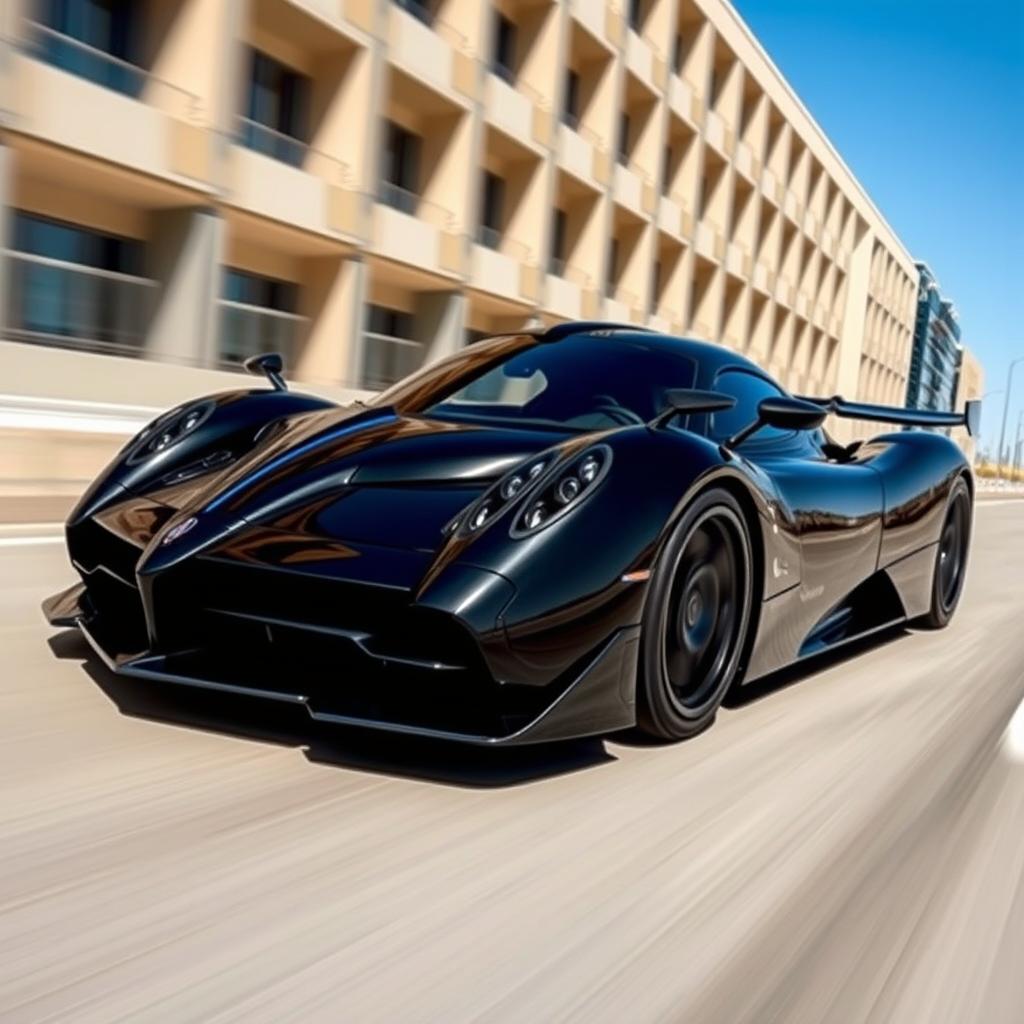 A stunning Pagani Huayra sports car designed with a sleek black body and intricate dark blue accents