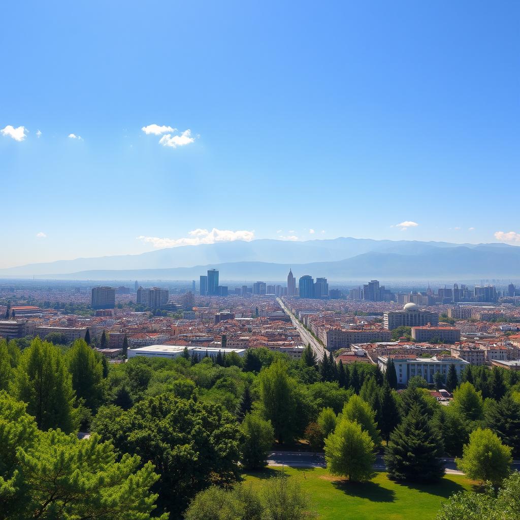 A serene landscape of Tehran with a clear blue sky, showcasing the city in a vibrant day