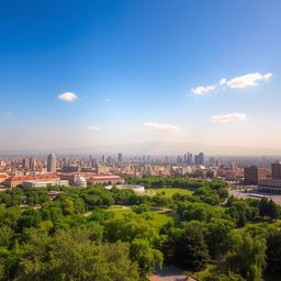 A serene landscape of Tehran with a clear blue sky, showcasing the city in a vibrant day