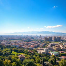 A serene landscape of Tehran with a clear blue sky, showcasing the city in a vibrant day