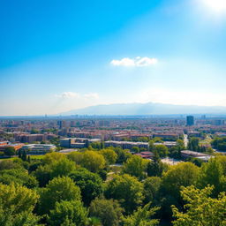 A serene landscape of Tehran with a clear blue sky, showcasing the city in a vibrant day