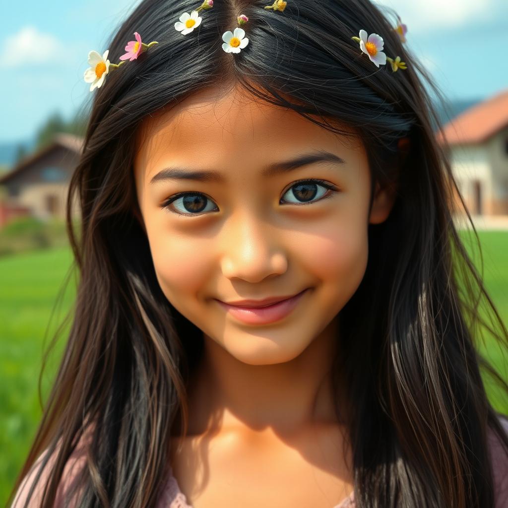 A serene portrait of an 18-year-old village girl with captivating features