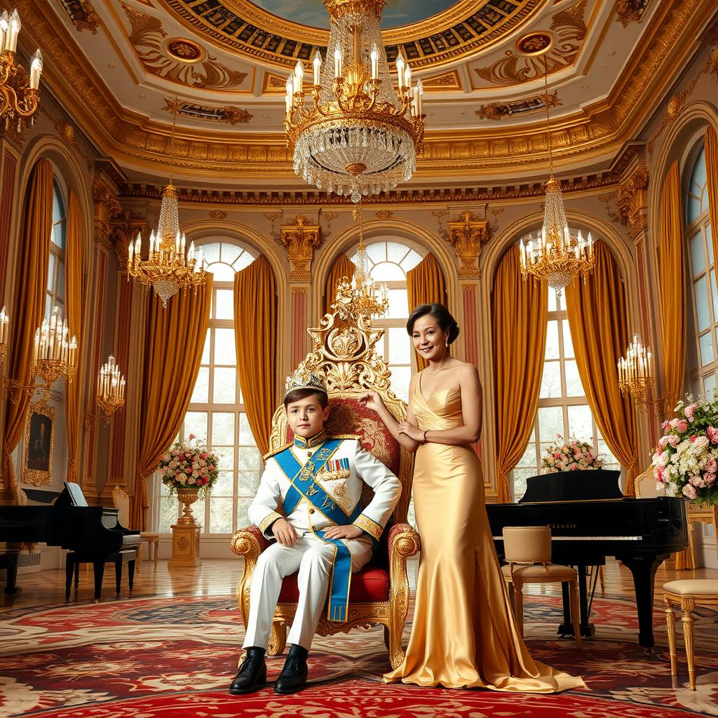 A grand royal ballroom featuring intricate golden details, elegant chandeliers hanging from the ceiling, and large arched windows draped with luxurious golden curtains