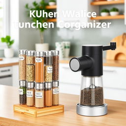 A unique kitchen product showcasing a modular spice organizer with a built-in grinder