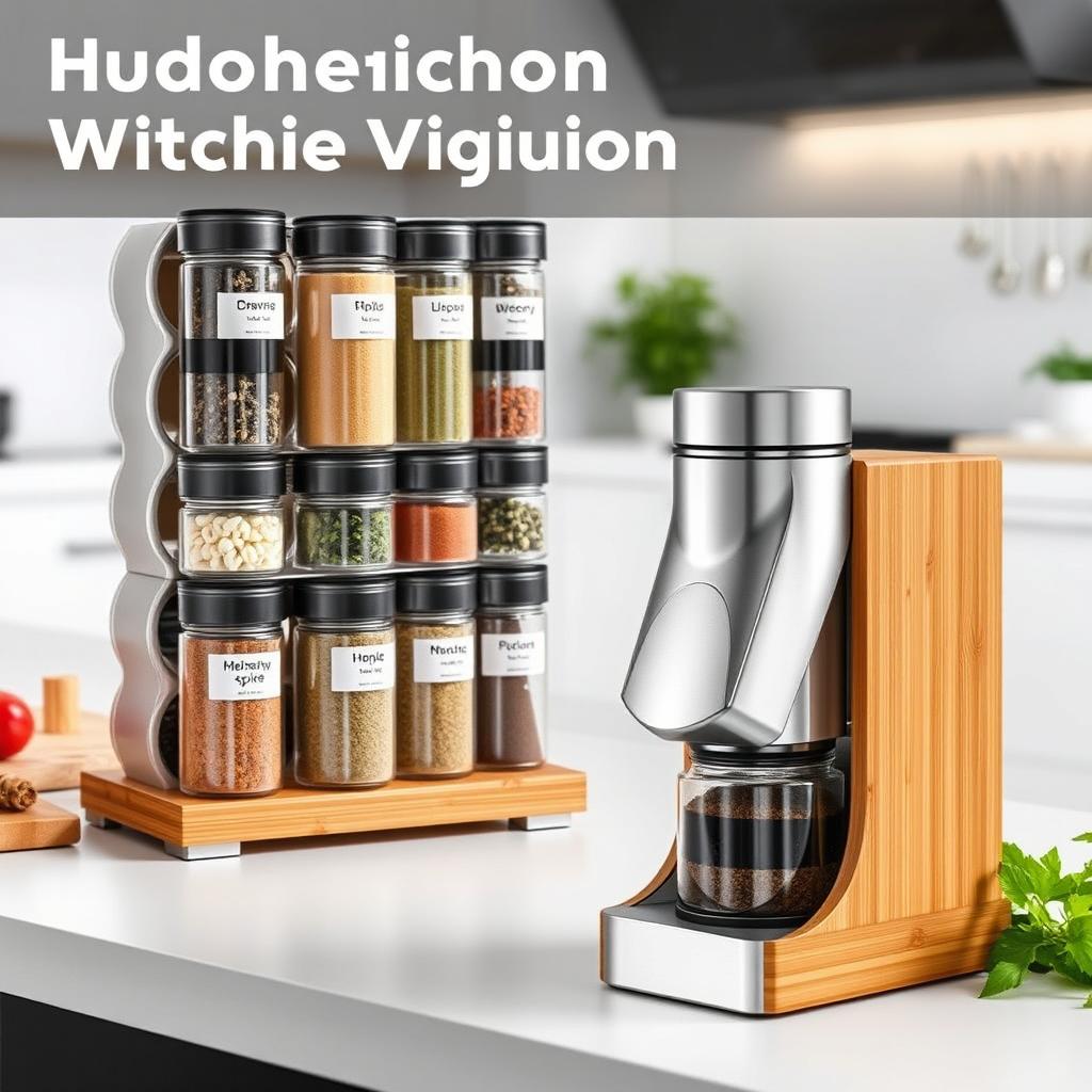A unique kitchen product showcasing a modular spice organizer with a built-in grinder