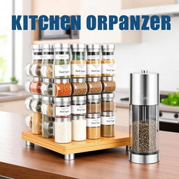 A unique kitchen product showcasing a modular spice organizer with a built-in grinder