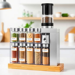 A unique kitchen product showcasing a modular spice organizer with a built-in grinder