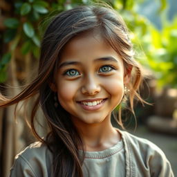 A portrait of a happy 18-year-old village girl with one blue eye and one green eye