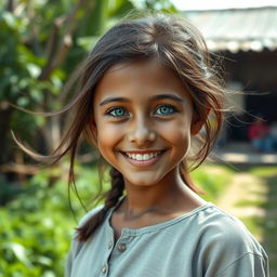 A portrait of a happy 18-year-old village girl with one blue eye and one green eye