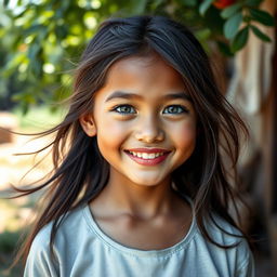 A portrait of a happy 18-year-old village girl with one blue eye and one green eye