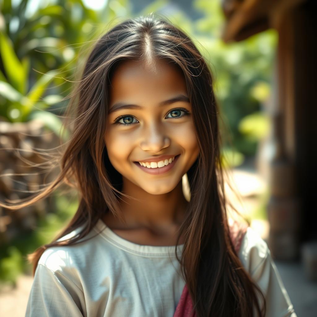 A portrait of a happy 18-year-old village girl with one blue eye and one green eye