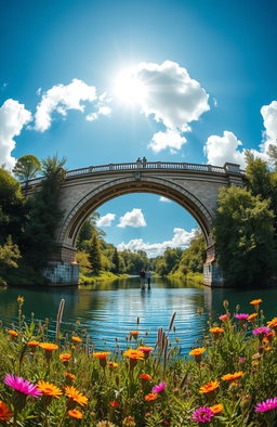 A majestic panoramic view of a beautifully designed bridge arching over a serene river, surrounded by lush green trees and vibrant wildflowers