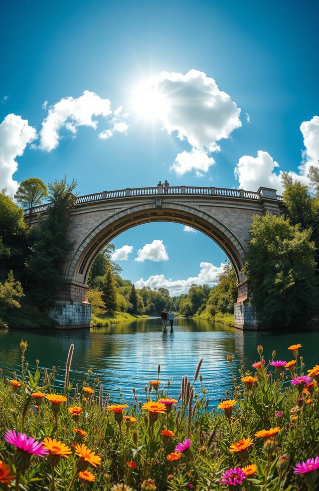 A majestic panoramic view of a beautifully designed bridge arching over a serene river, surrounded by lush green trees and vibrant wildflowers