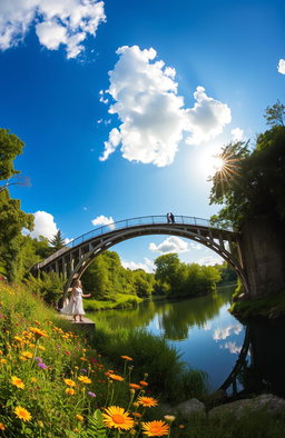 A majestic panoramic view of a beautifully designed bridge arching over a serene river, surrounded by lush green trees and vibrant wildflowers