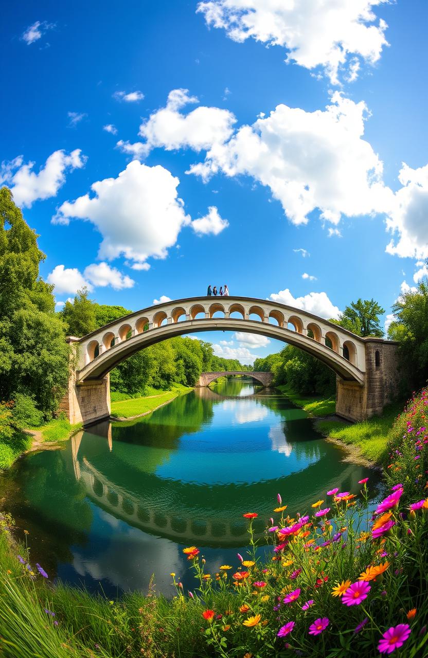 A majestic panoramic view of a beautifully designed bridge arching over a serene river, surrounded by lush green trees and vibrant wildflowers
