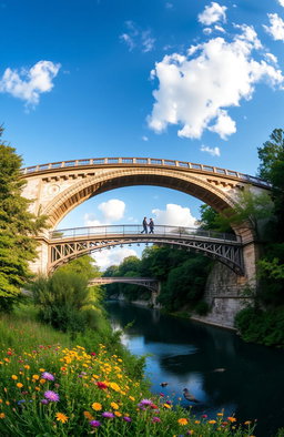 A majestic panoramic view of a beautifully designed bridge arching over a serene river, surrounded by lush green trees and vibrant wildflowers